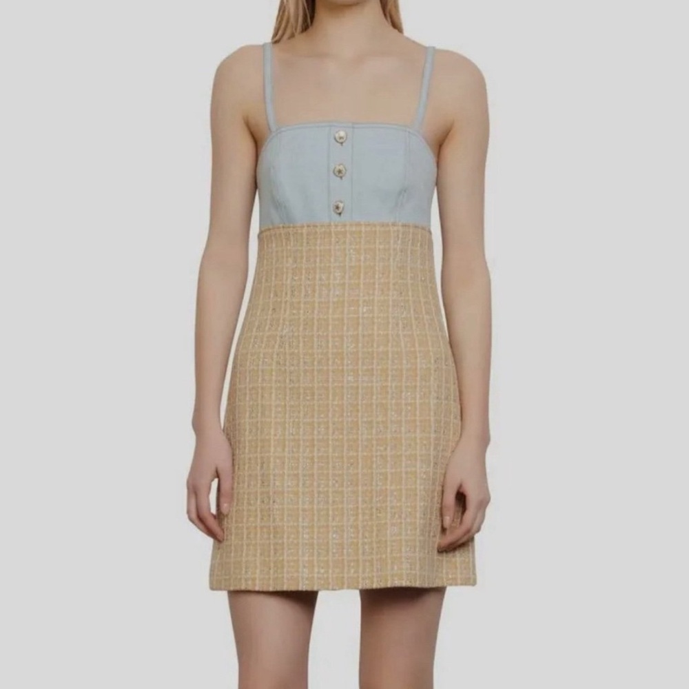 Sandro Light Blue and Tan Midi Dress